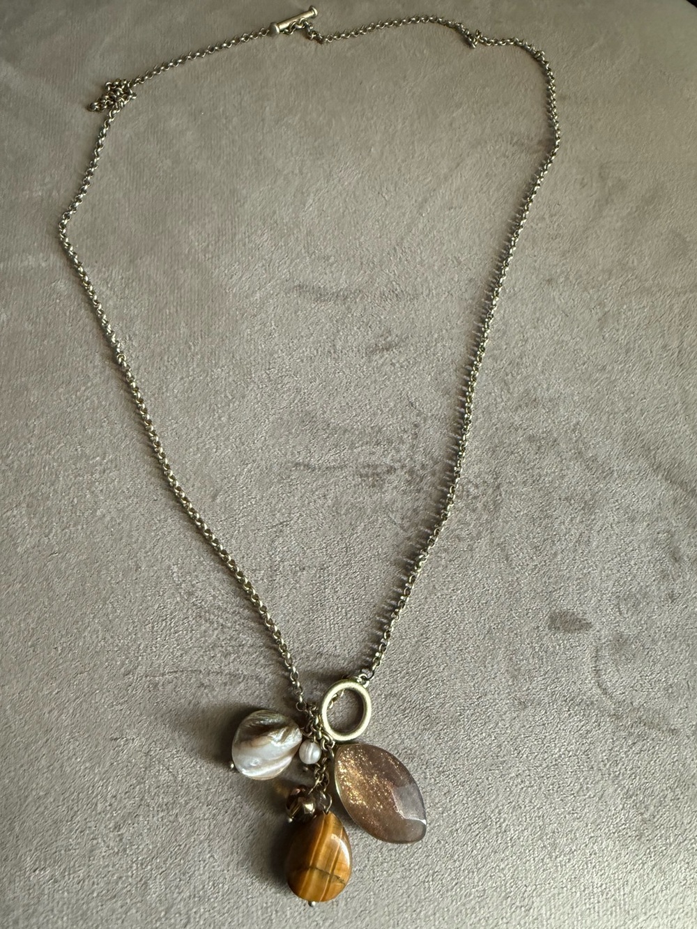Silver-Tone Women's Pendant Necklace with Brown and Cream Charms - Picture 1 of 4